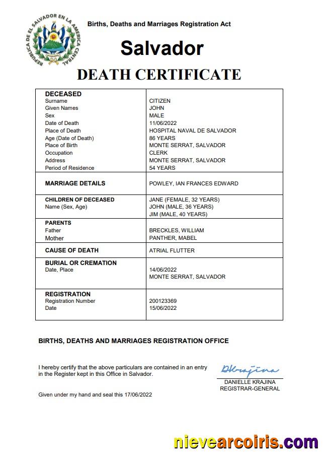 Salvador vital record death certificate